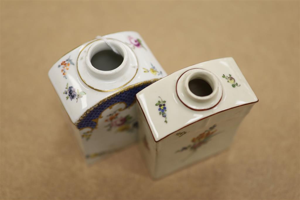 A late 18th/early 19th century Meissen tea canister painted with flowers under a blue scale border faint blue crossed swords in blue